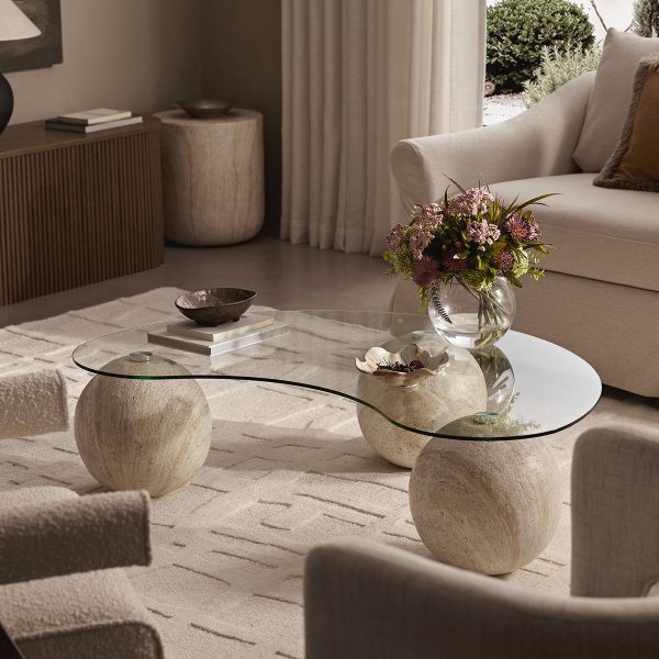 Sveti Curved Glass Coffee Table, Travertine