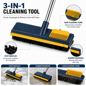 Long Handle Floor Scrub Brush with Squeegee Hair Cleaning Comb Stiff Bristle