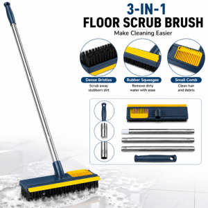 Long Handle Floor Scrub Brush with Squeegee Hair Cleaning Comb Stiff Bristle