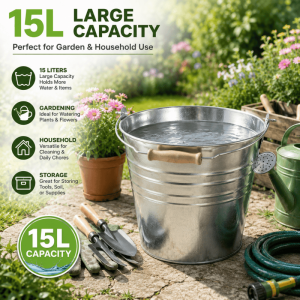 15L Galvanised Steel Bucket Metal Garden Water Utility Bucket Large Capacity