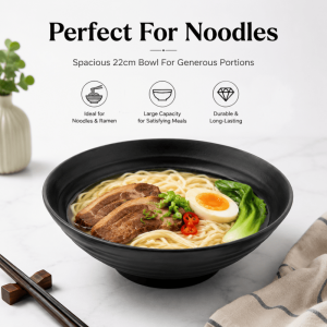 22cm Black Melamine Noodle Bowl Deep Soup Bowl Asian Style Chinese Ramen