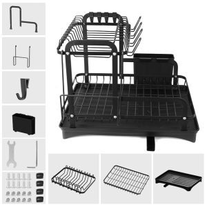 2 Tier Dish Drainer Rack Detachable Dish Drying Rack with Drainage – Black