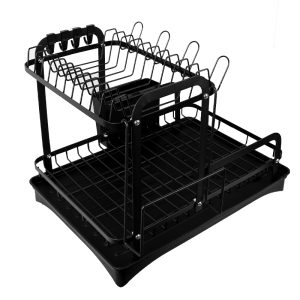 2 Tier Dish Drainer Rack Detachable Dish Drying Rack with Drainage – Black