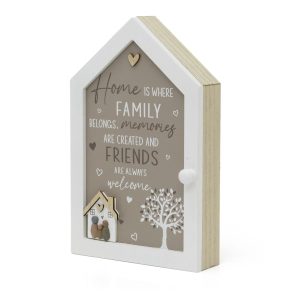 Wooden Key Cabinet with 3D House & Pebble Family Wall Mounted with 6 Hooks